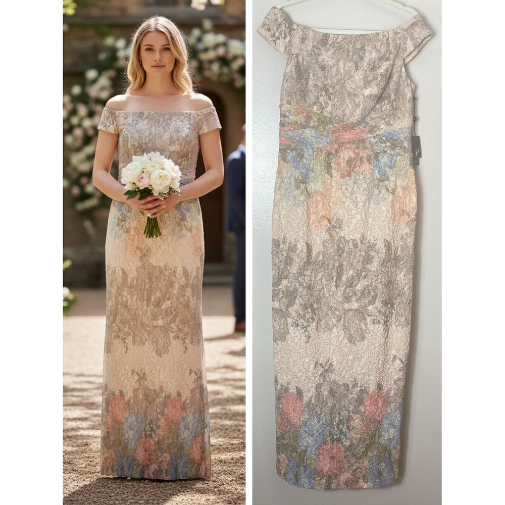 Adrianna Papell Maxi Gown 12 Blush Multi Floral Matelasse Mother of the Bride